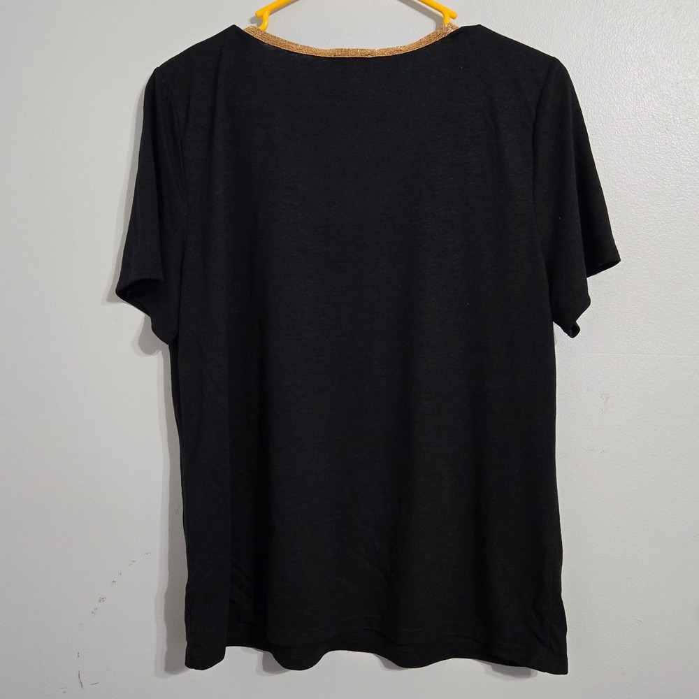 M#87 Talbots Black Top Womens Size L Short Sleeve‎ V Neck Gold Trim Linen Blend - Picture 2 of 5